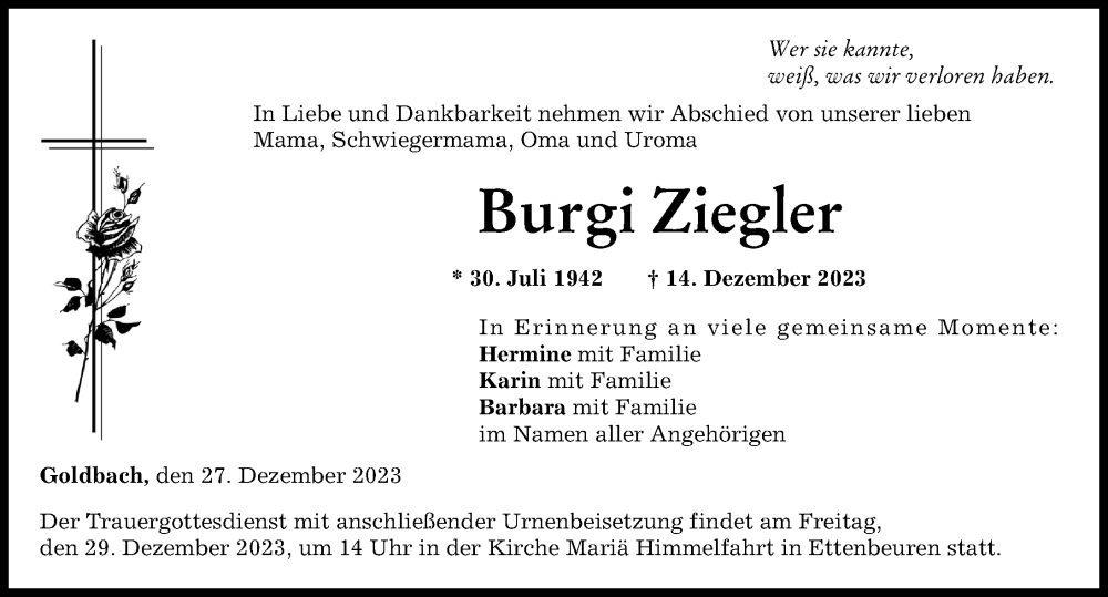 Traueranzeige von Burgi Ziegler von Günzburger Zeitung