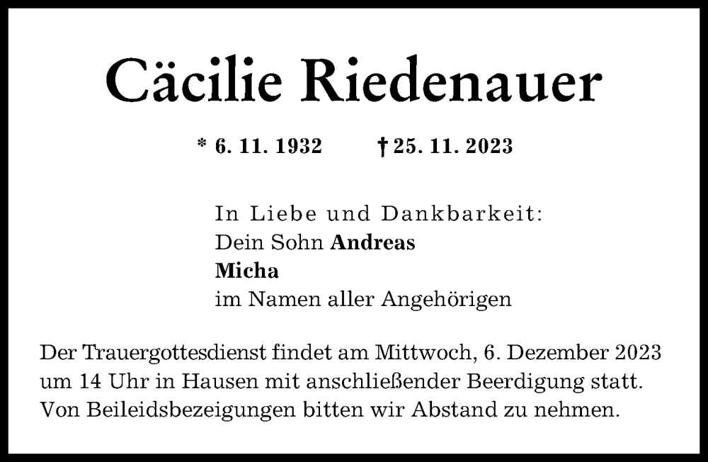  Traueranzeige für Cäcilie Riedenauer vom 02.12.2023 aus Friedberger Allgemeine