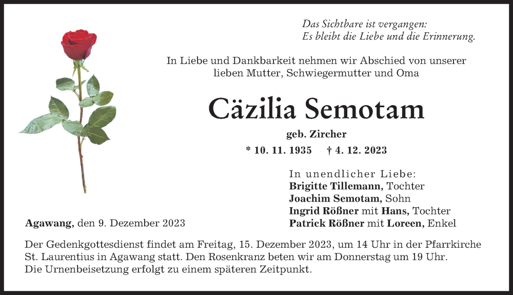  Traueranzeige für Cäzilia Semotam vom 09.12.2023 aus Augsburg-Land