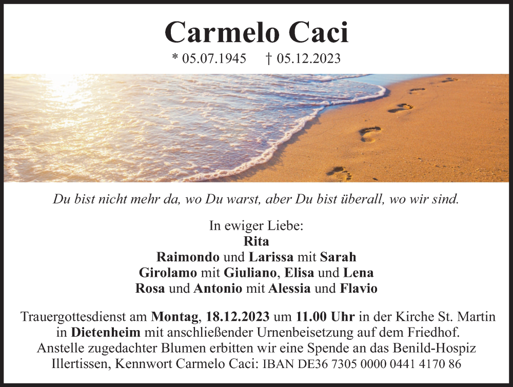 Traueranzeige von Carmelo Caci von Illertisser Zeitung