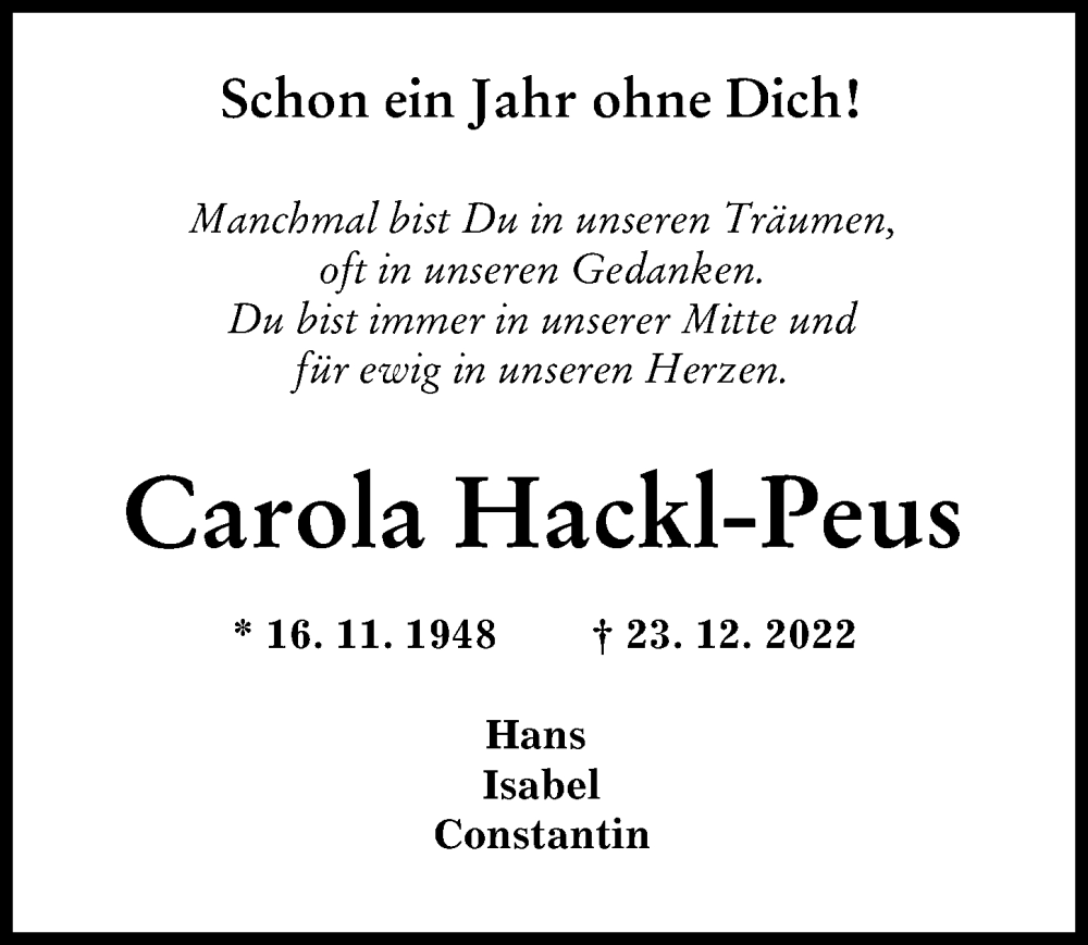 Traueranzeige von Carola Hackl-Peus von Illertisser Zeitung