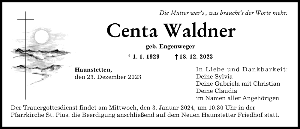 Traueranzeige von Centa Waldner von Augsburger Allgemeine