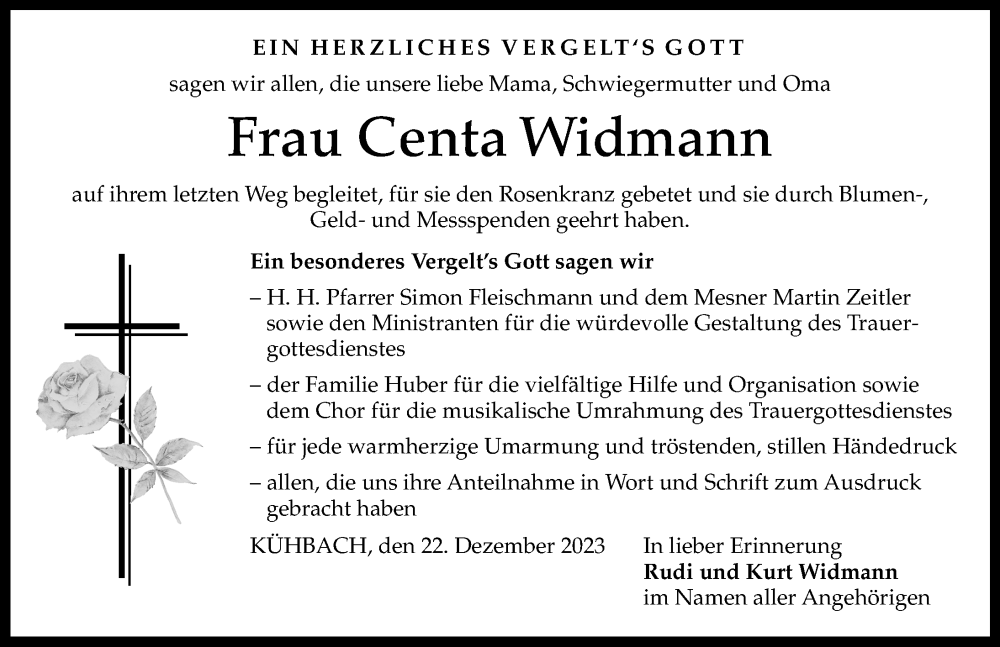 Traueranzeige von Centa Widmann von Aichacher Nachrichten