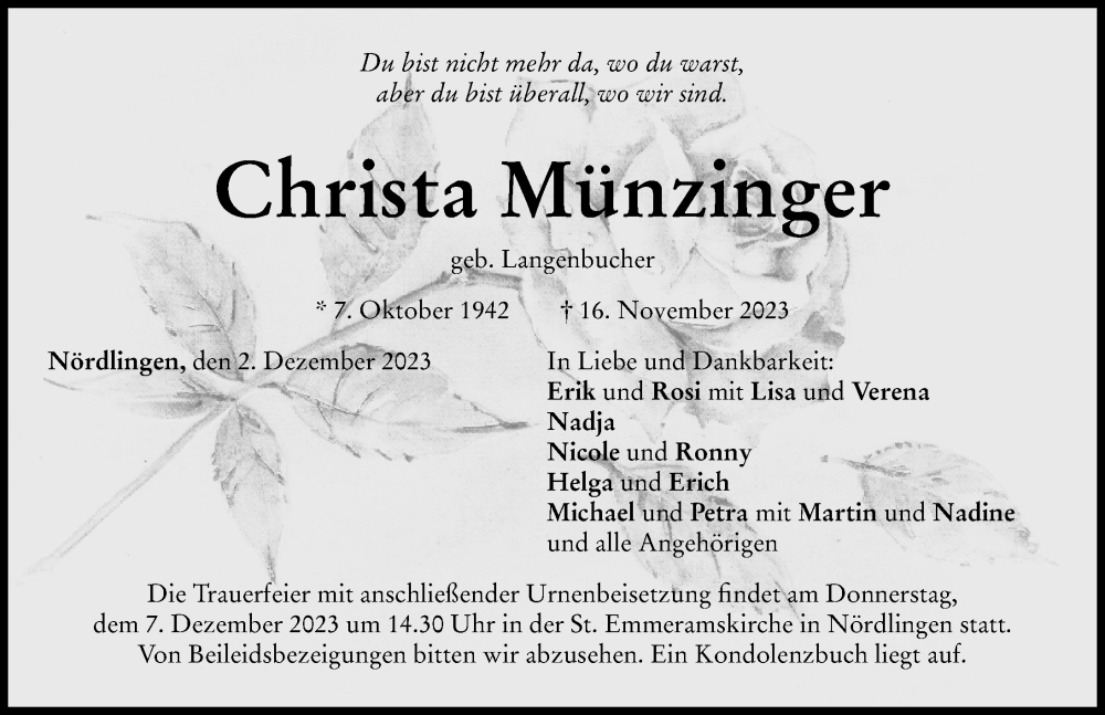  Traueranzeige für Christa Münzinger vom 02.12.2023 aus Rieser Nachrichten