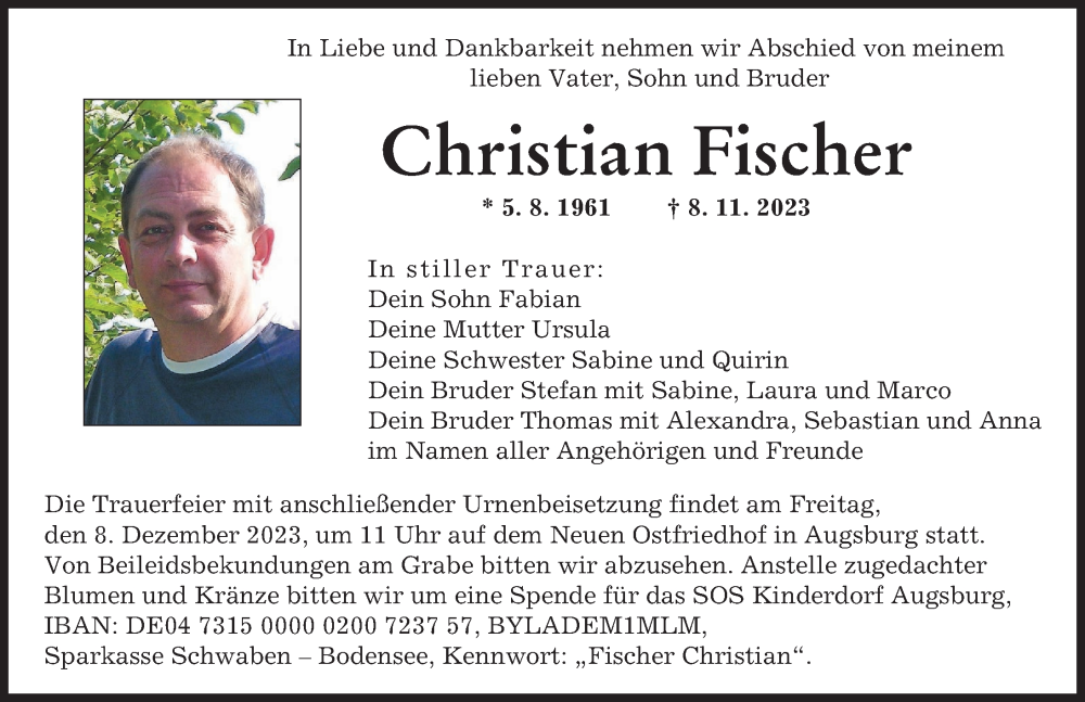  Traueranzeige für Christian Fischer vom 02.12.2023 aus Augsburger Allgemeine