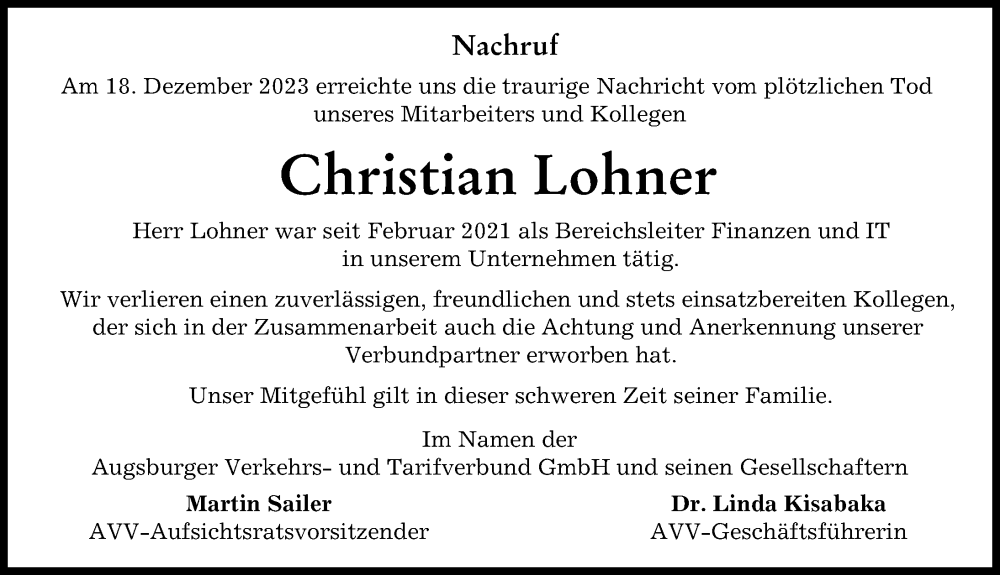 Traueranzeige von Christian Lohner von Augsburger Allgemeine