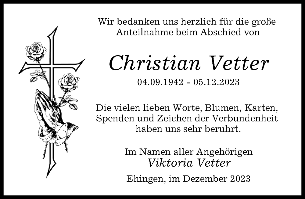  Traueranzeige für Christian Vetter vom 19.12.2023 aus Wertinger Zeitung, Augsburg-Land