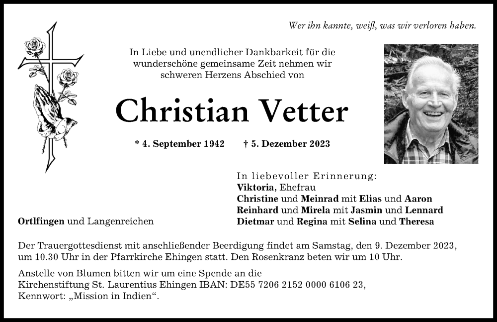  Traueranzeige für Christian Vetter vom 07.12.2023 aus Wertinger Zeitung, Augsburg-Land