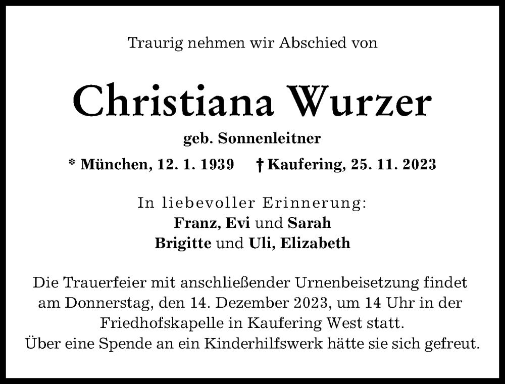  Traueranzeige für Christiana Wurzer vom 09.12.2023 aus Landsberger Tagblatt