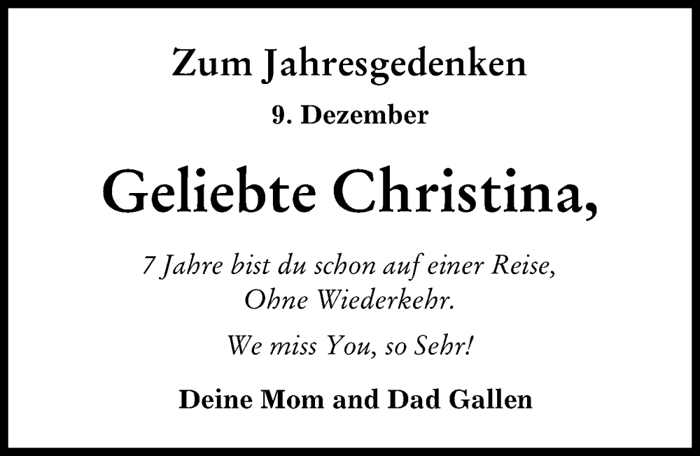  Traueranzeige für Christina  vom 09.12.2023 aus Augsburger Allgemeine