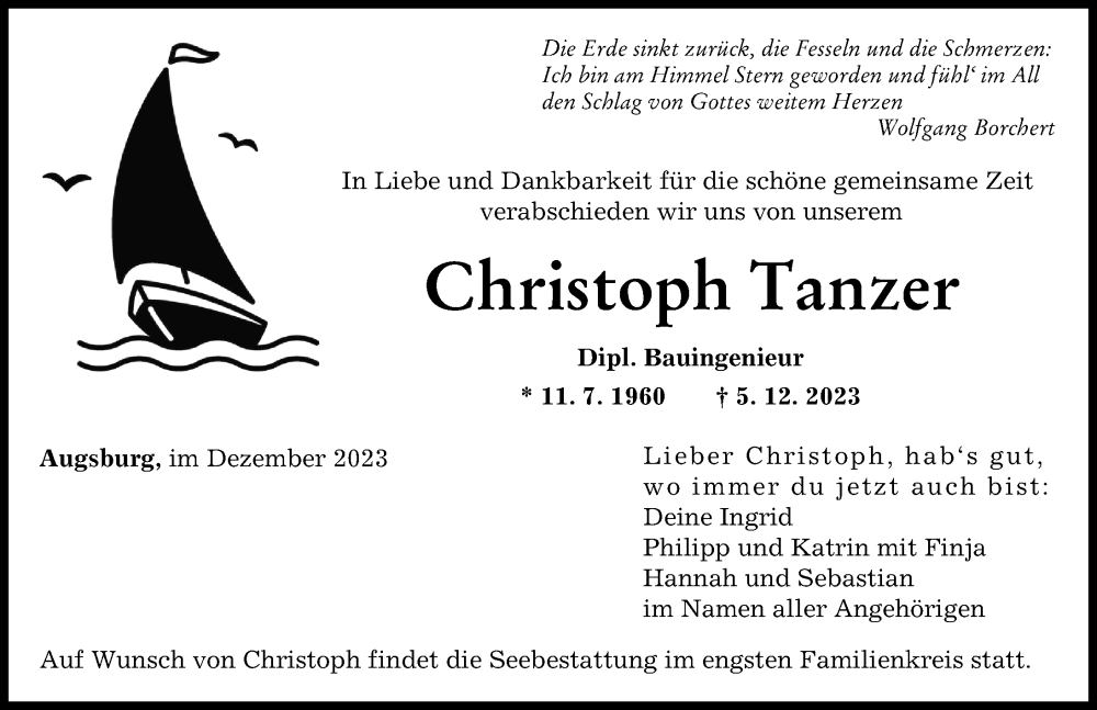  Traueranzeige für Christoph Tanzer vom 09.12.2023 aus Augsburger Allgemeine