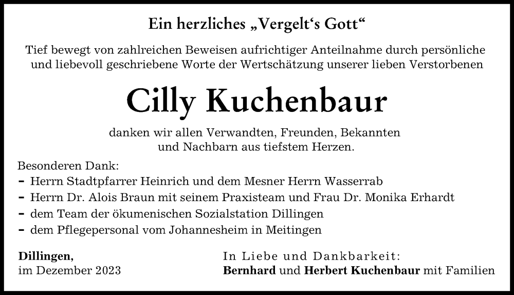 Traueranzeige von Cilly Kuchenbaur von Donau Zeitung