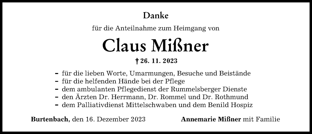  Traueranzeige für Claus Mißner vom 16.12.2023 aus Mittelschwäbische Nachrichten, Günzburger Zeitung