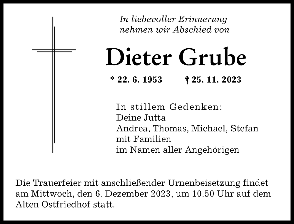  Traueranzeige für Dieter Grube vom 02.12.2023 aus Augsburger Allgemeine