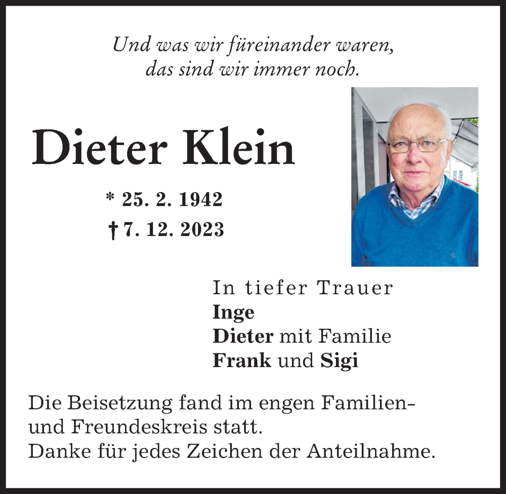 Traueranzeige von Dieter Klein von Neuburger Rundschau