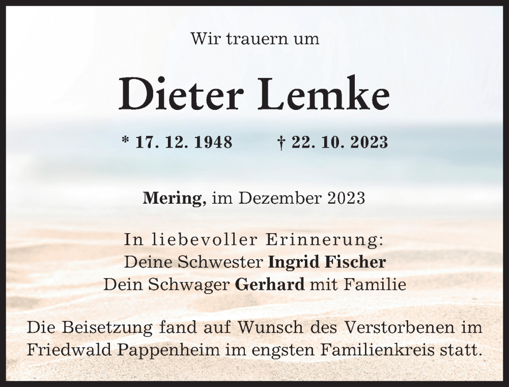  Traueranzeige für Dieter Lemke vom 02.12.2023 aus Donau Zeitung