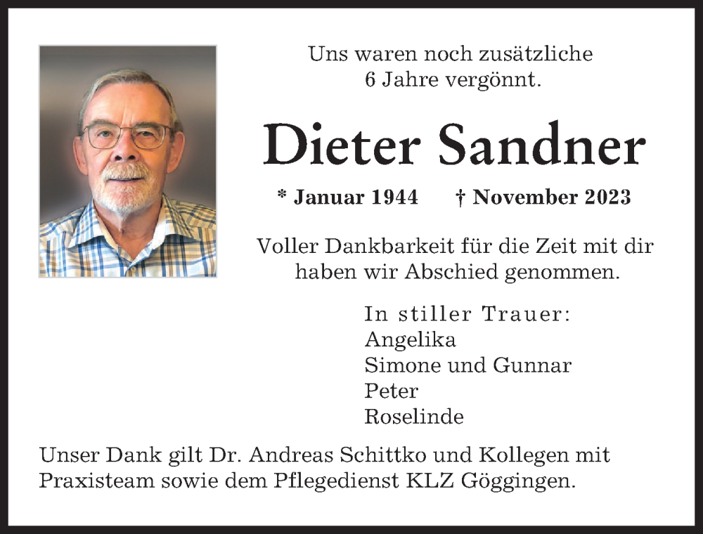  Traueranzeige für Dieter Sandner vom 02.12.2023 aus Augsburger Allgemeine