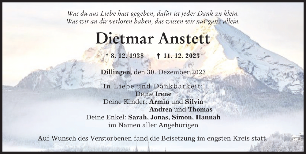 Traueranzeige von Dietmar Anstett von Donau Zeitung