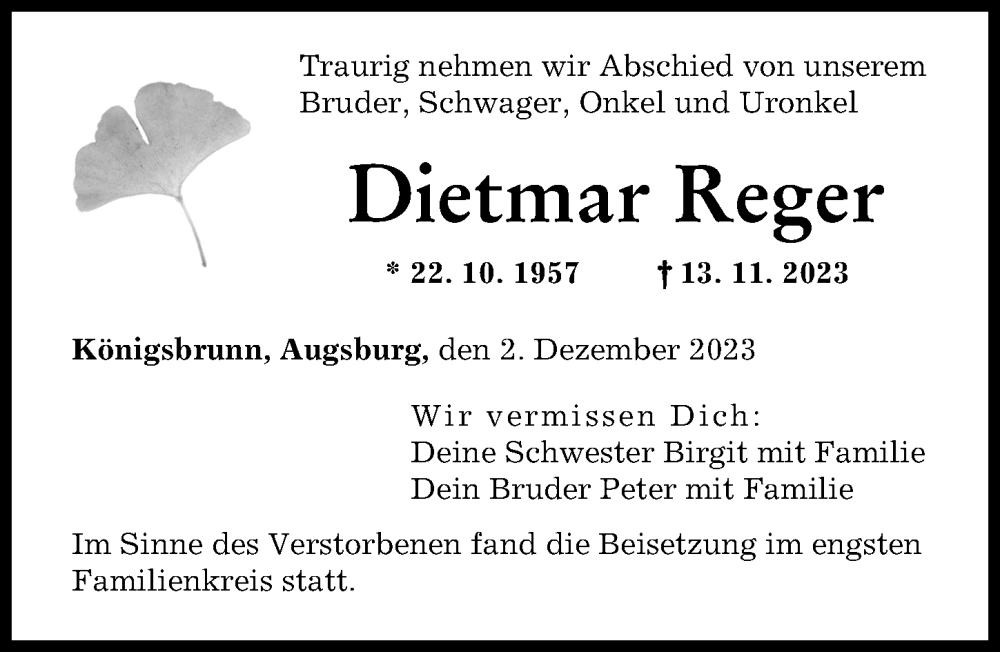  Traueranzeige für Dietmar Reger vom 02.12.2023 aus Augsburger Allgemeine
