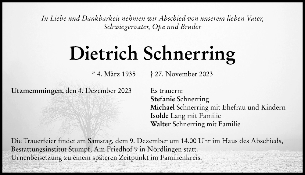 Traueranzeige für Dietrich Schnerring vom 04.12.2023 aus Rieser Nachrichten