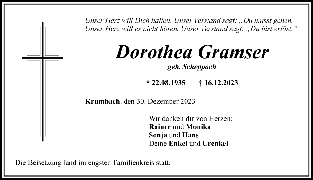 Traueranzeige von Dorothea Gramser von Mittelschwäbische Nachrichten