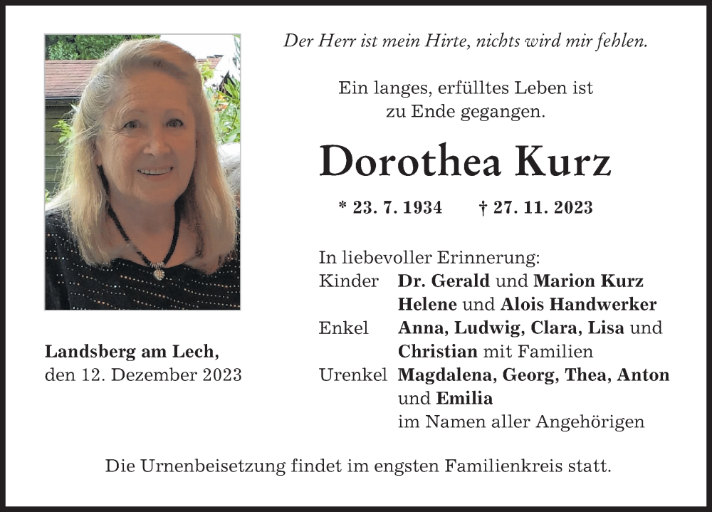 Traueranzeige von Dorothea Kurz von Landsberger Tagblatt