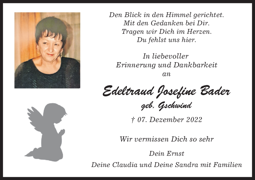  Traueranzeige für Edeltraud Josefine Bader vom 07.12.2023 aus Illertisser Zeitung