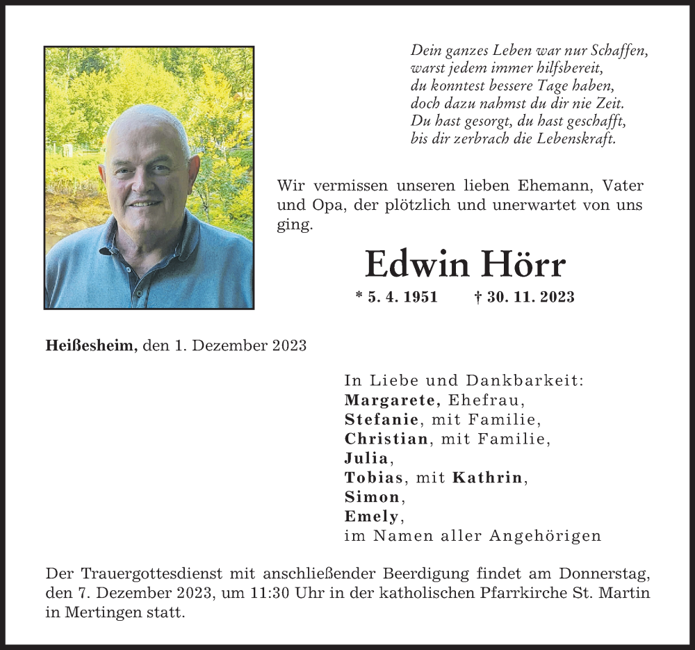  Traueranzeige für Edwin Hörr vom 04.12.2023 aus Donauwörther Zeitung