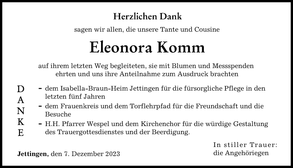 Traueranzeige von Eleonora Komm von Günzburger Zeitung