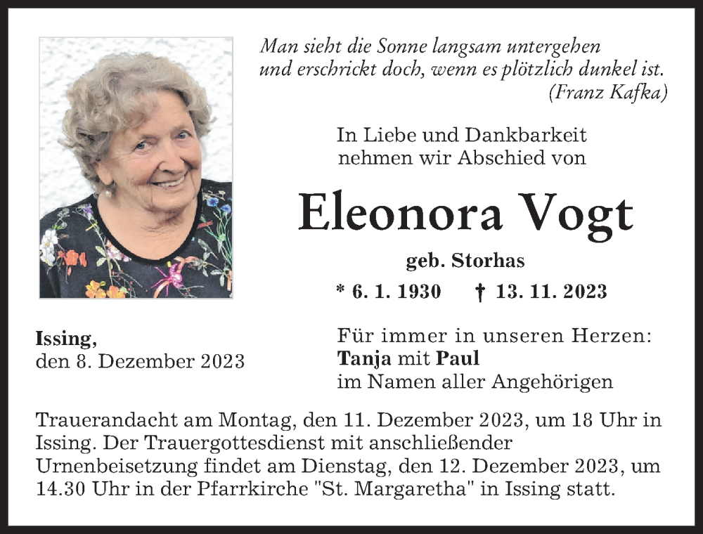  Traueranzeige für Eleonora Vogt vom 08.12.2023 aus Landsberger Tagblatt