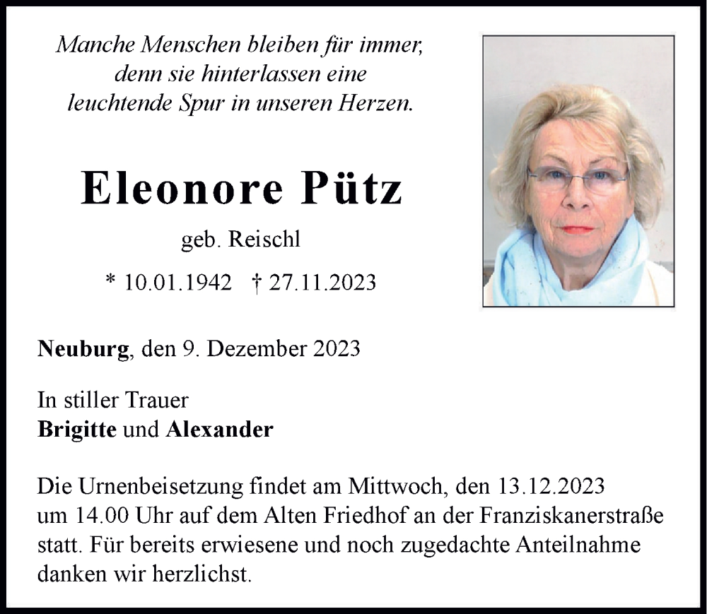  Traueranzeige für Eleonore Pütz vom 09.12.2023 aus Neuburger Rundschau