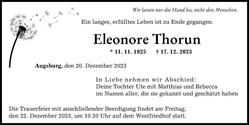 Traueranzeige von Eleonore Thorun von Augsburger Allgemeine