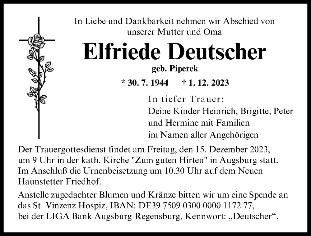  Traueranzeige für Elfriede Deutscher vom 09.12.2023 aus Augsburger Allgemeine