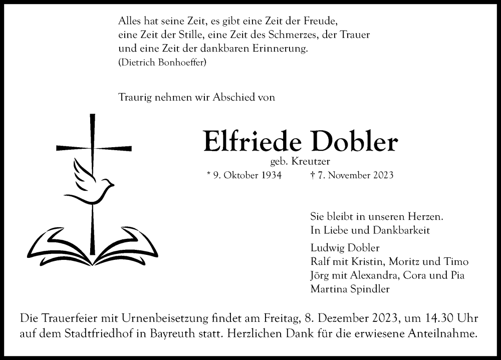  Traueranzeige für Elfriede Dobler vom 02.12.2023 aus Donauwörther Zeitung