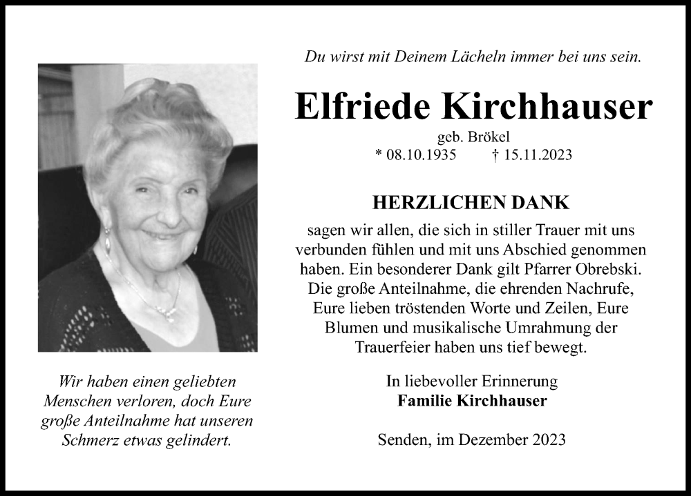  Traueranzeige für Elfriede Kirchhauser vom 23.12.2023 aus Augsburger Allgemeine, Neu-Ulmer Zeitung