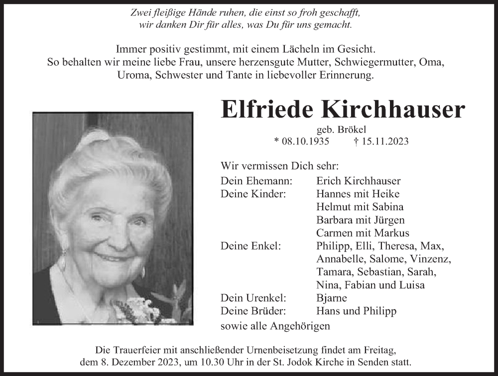  Traueranzeige für Elfriede Kirchhauser vom 02.12.2023 aus Augsburger Allgemeine, Neu-Ulmer Zeitung
