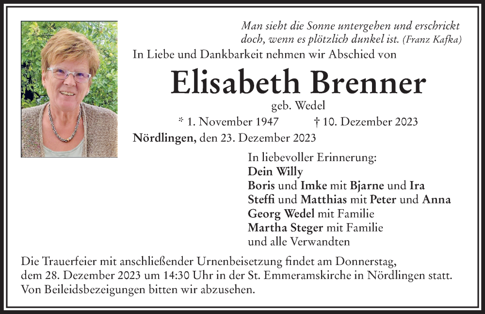  Traueranzeige für Elisabeth Brenner vom 23.12.2023 aus Rieser Nachrichten