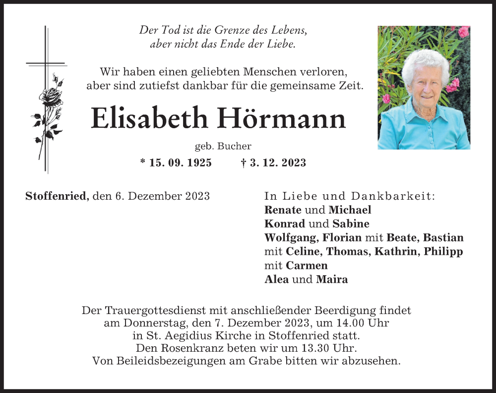  Traueranzeige für Elisabeth Hörmann vom 06.12.2023 aus Mittelschwäbische Nachrichten