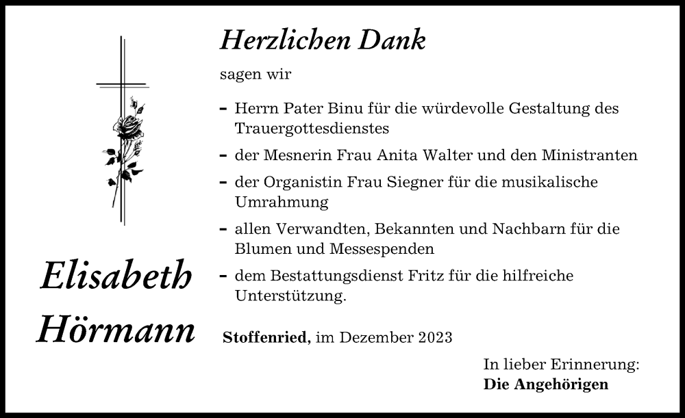  Traueranzeige für Elisabeth Hörmann vom 20.12.2023 aus Mittelschwäbische Nachrichten