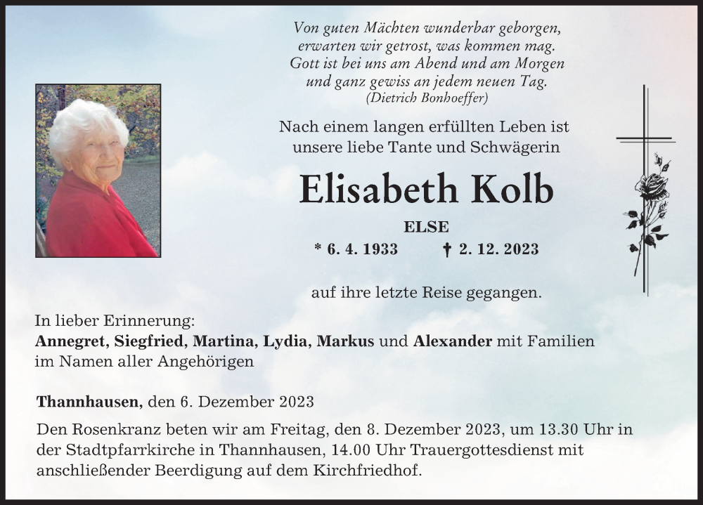  Traueranzeige für Elisabeth Kolb vom 06.12.2023 aus Mittelschwäbische Nachrichten