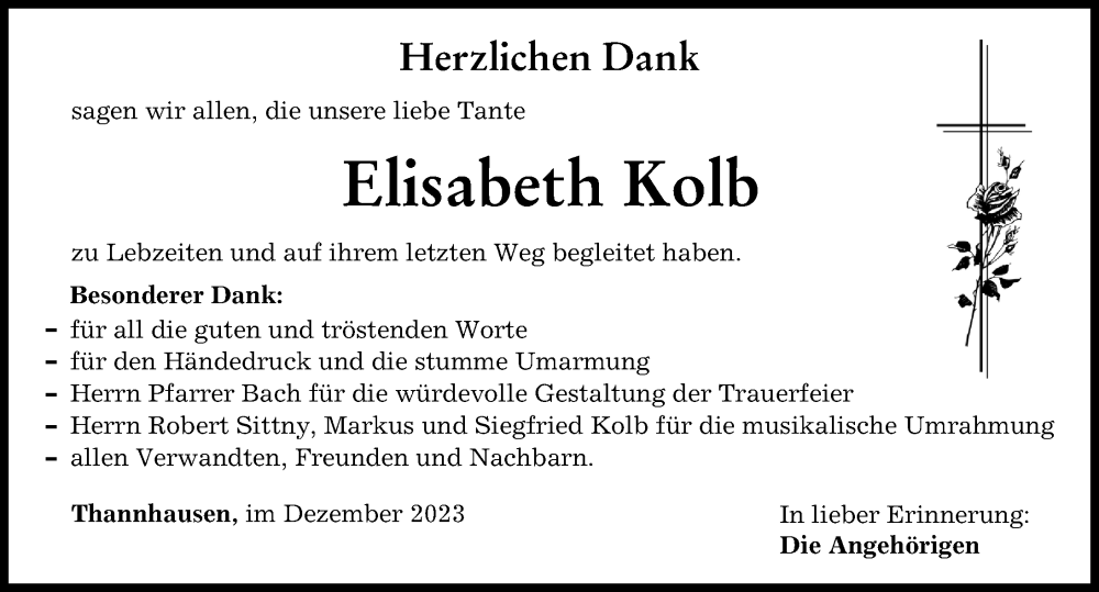  Traueranzeige für Elisabeth Kolb vom 16.12.2023 aus Mittelschwäbische Nachrichten