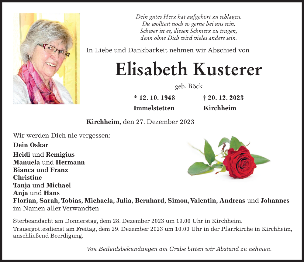 Traueranzeige von Elisabeth Kusterer von Mindelheimer Zeitung