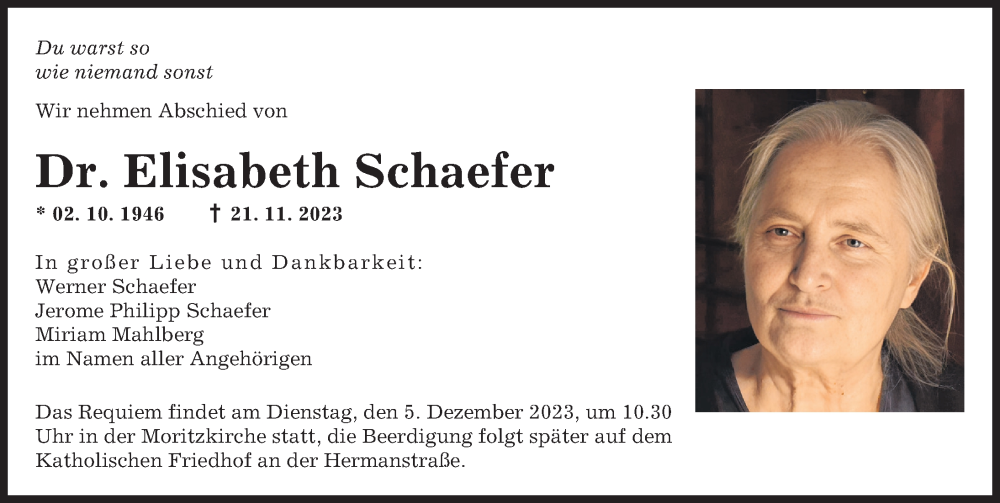  Traueranzeige für Elisabeth Schaefer vom 02.12.2023 aus Augsburger Allgemeine