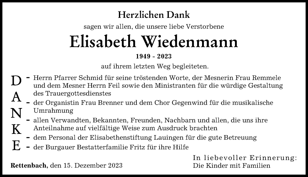 Traueranzeige für Elisabeth Wiedenmann vom 15.12.2023 aus Günzburger Zeitung