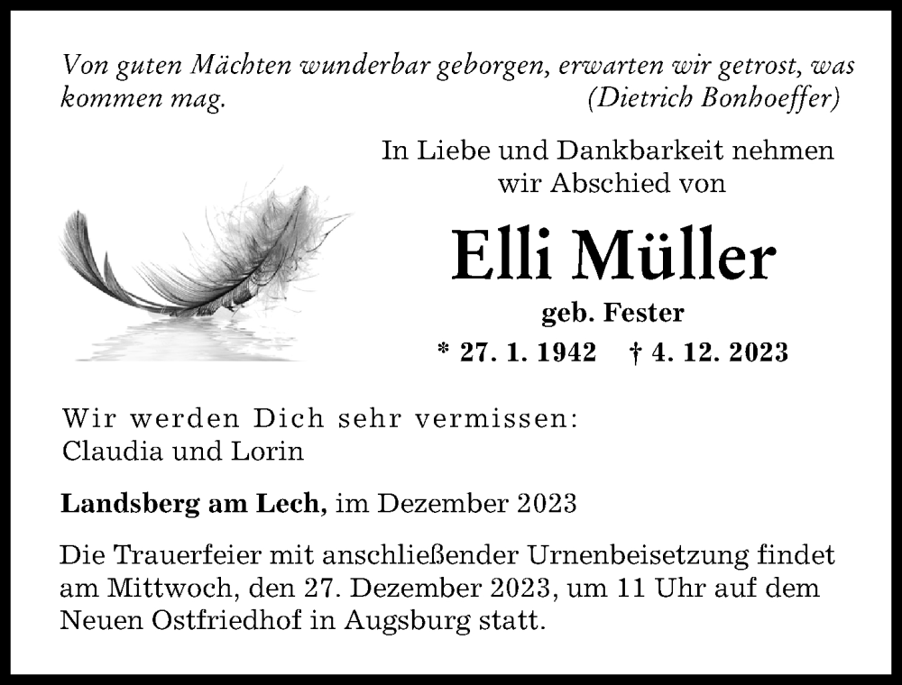 Traueranzeige von Elli Müller von Landsberger Tagblatt, Augsburger Allgemeine