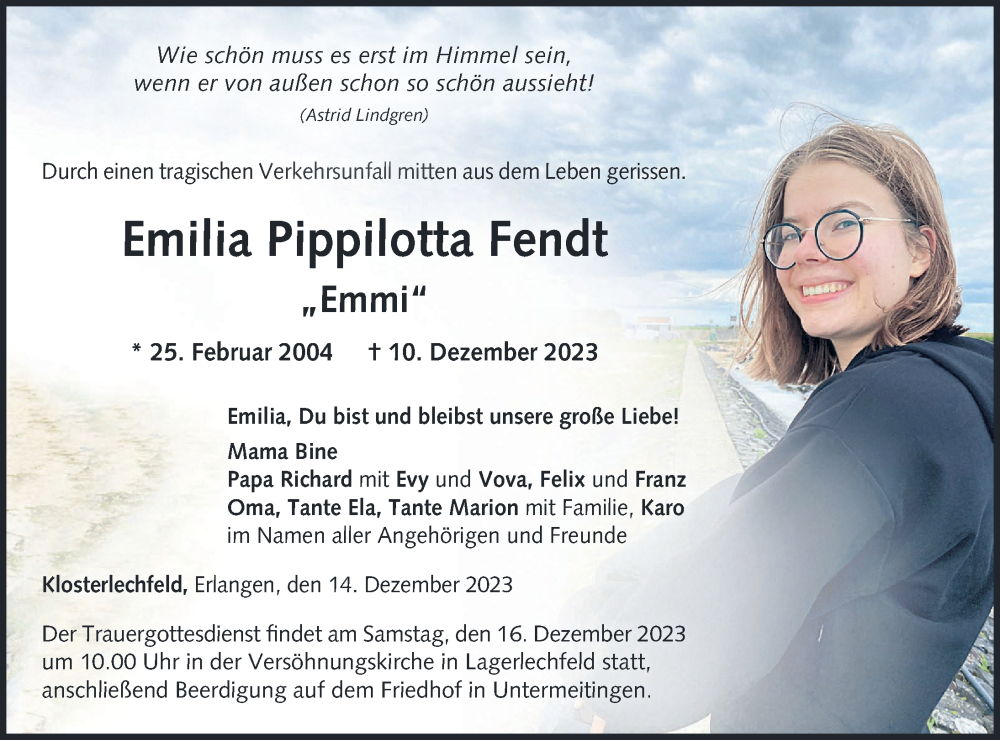  Traueranzeige für Emilia Pippilotta Fendt vom 14.12.2023 aus Schwabmünchner Allgemeine, Landsberger Tagblatt