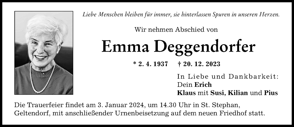 Traueranzeige von Emma Deggendorfer von Landsberger Tagblatt