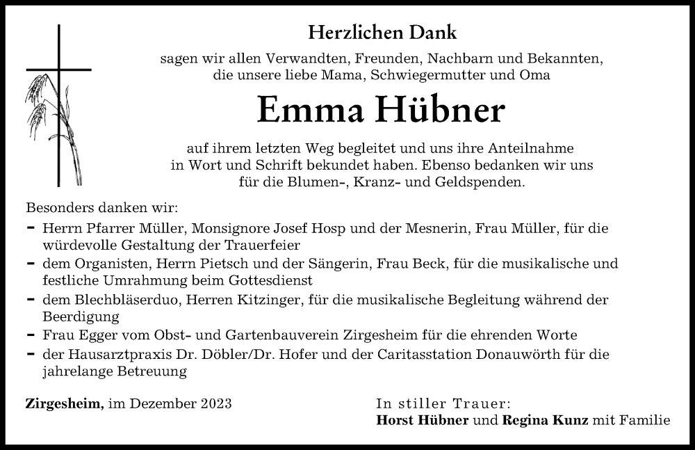  Traueranzeige für Emma Hübner vom 27.12.2023 aus Donauwörther Zeitung