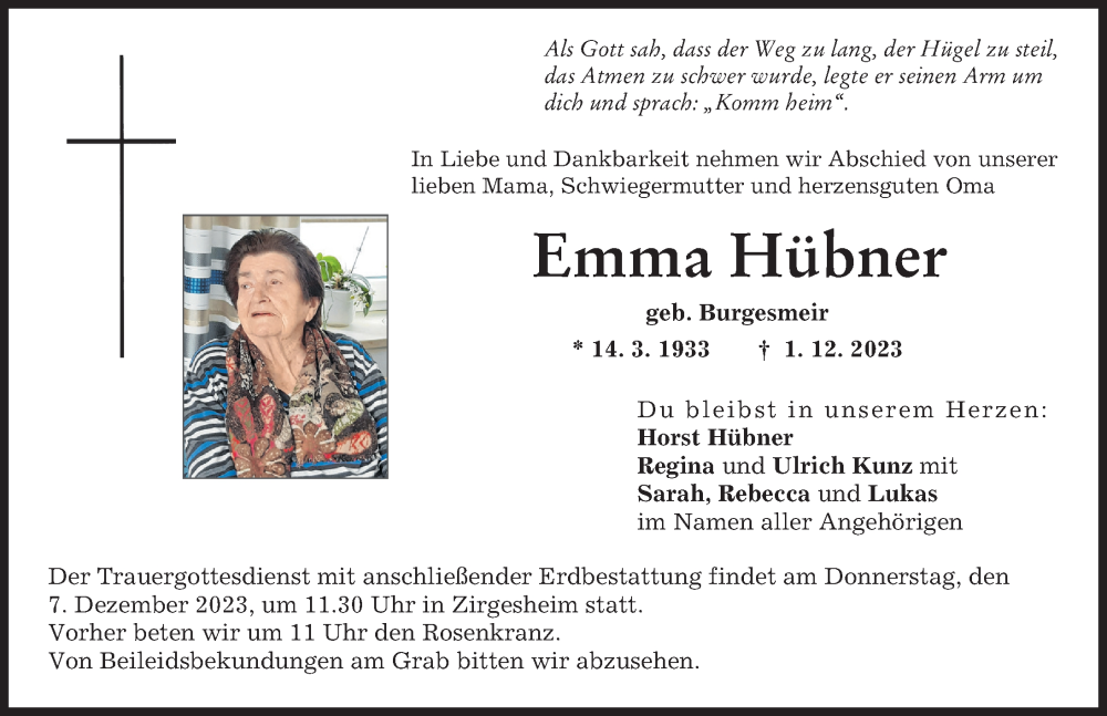  Traueranzeige für Emma Hübner vom 05.12.2023 aus Donauwörther Zeitung