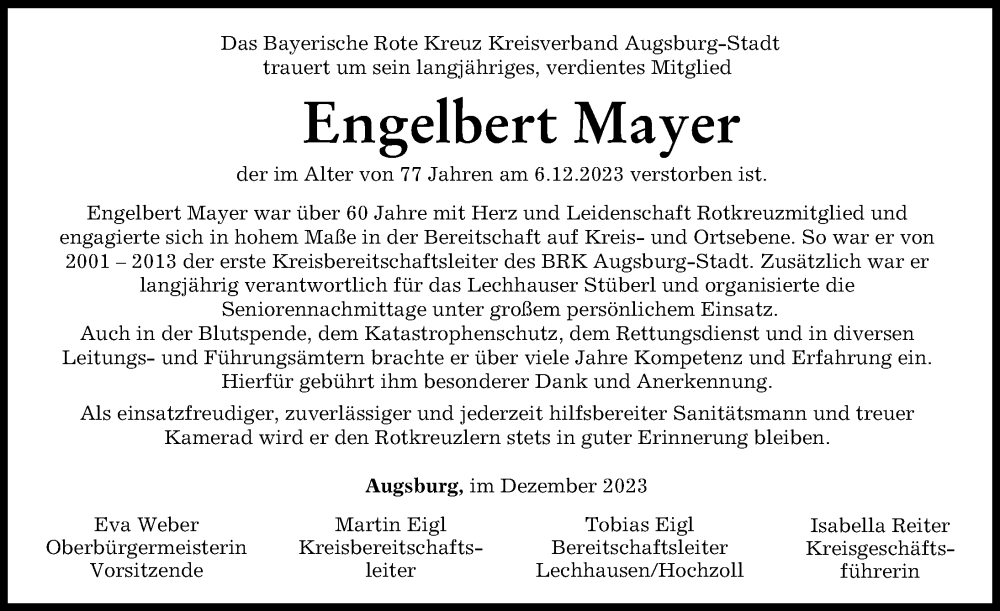 Traueranzeige von Engelbert Mayer von Augsburger Allgemeine